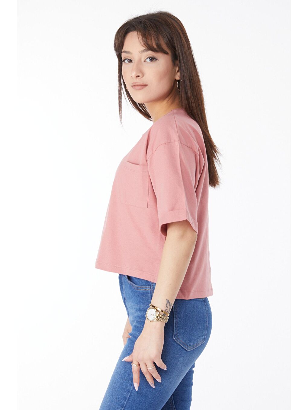 TOFİSA Pembe Düz Bisiklet Yaka Kadın Pembe Cepli Yırtmaçlı T-shirt - 24790 - 3