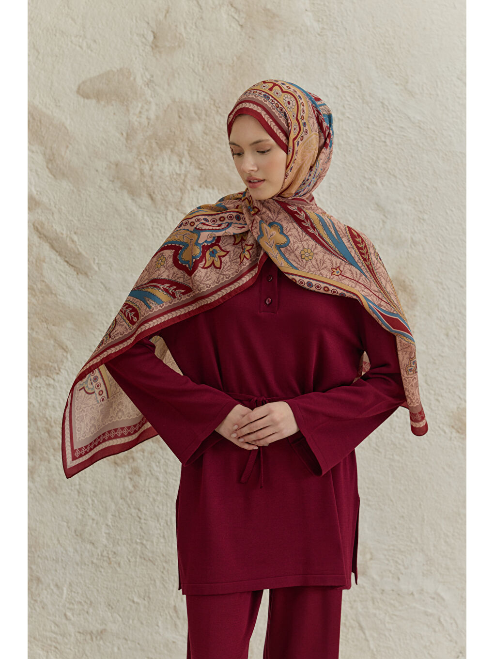 Cupra Prive Desenli Şal Blossom Bordo-2