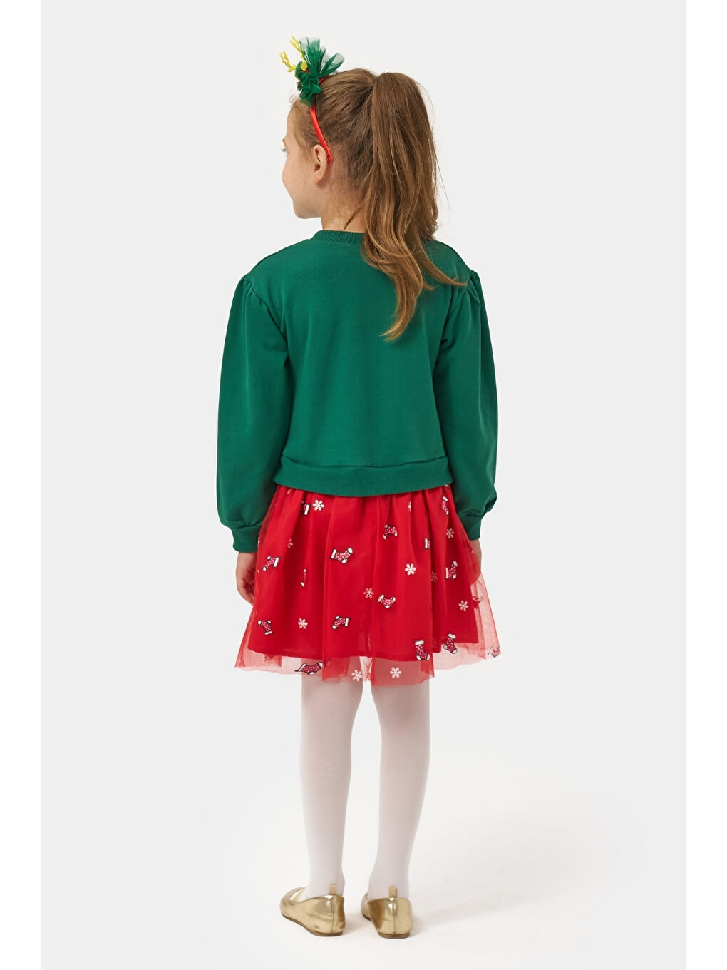 Yeşil  Joy Baskılı Tül Etekli Kız Çocuk Elbise - Fragile-2