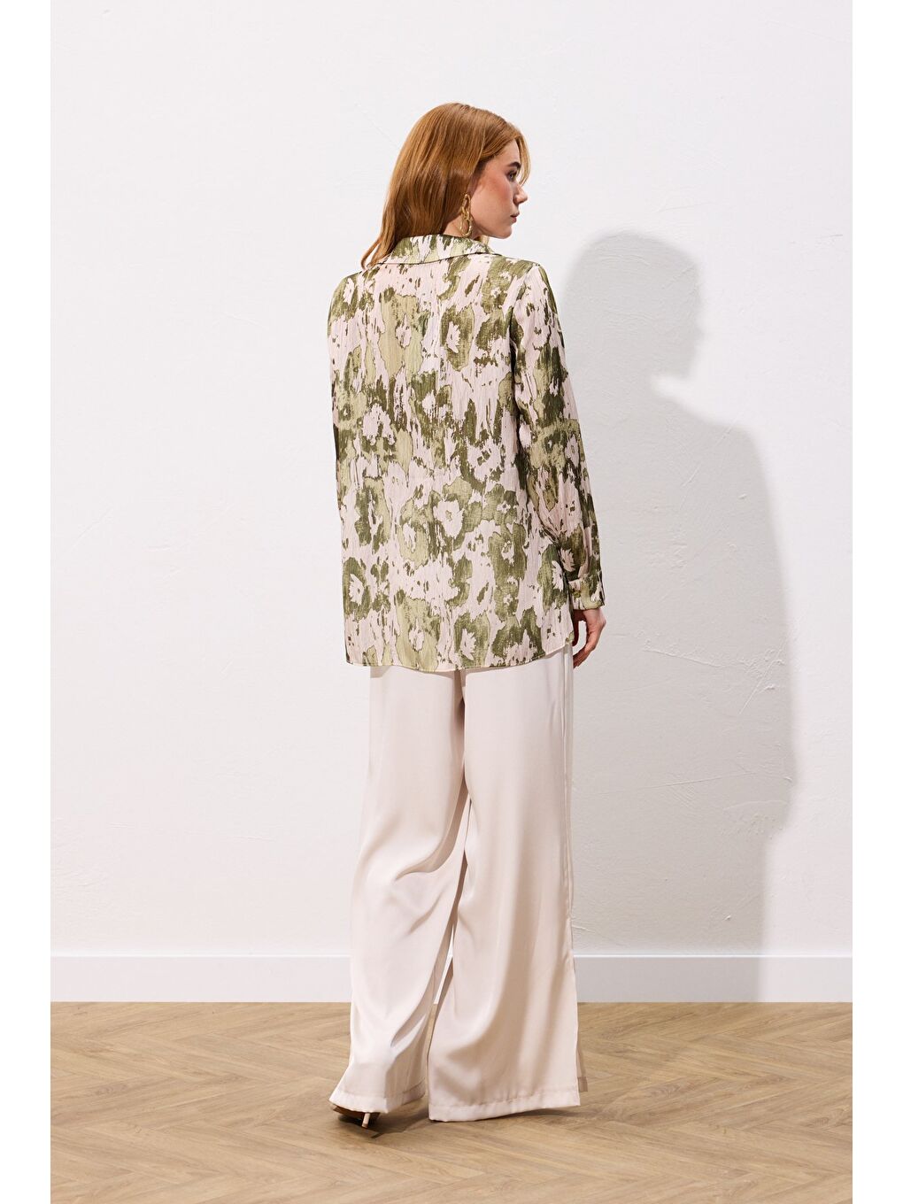 Desenli Düz Kesim Gömlek - Haki-6