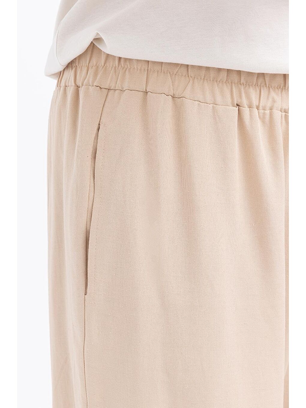 Bej-Büyük Beden Beli Lastikli Geniş Paça Keten Pantolon-3
