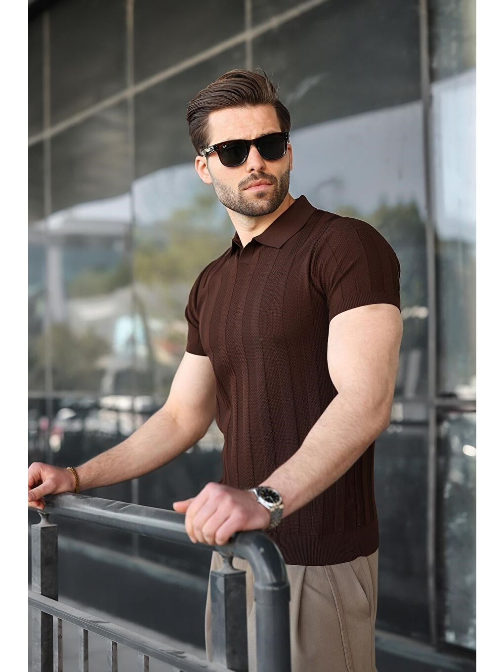 Kahverengi Slim Fit Polo Yaka Triko Erkek Tişört E7491
