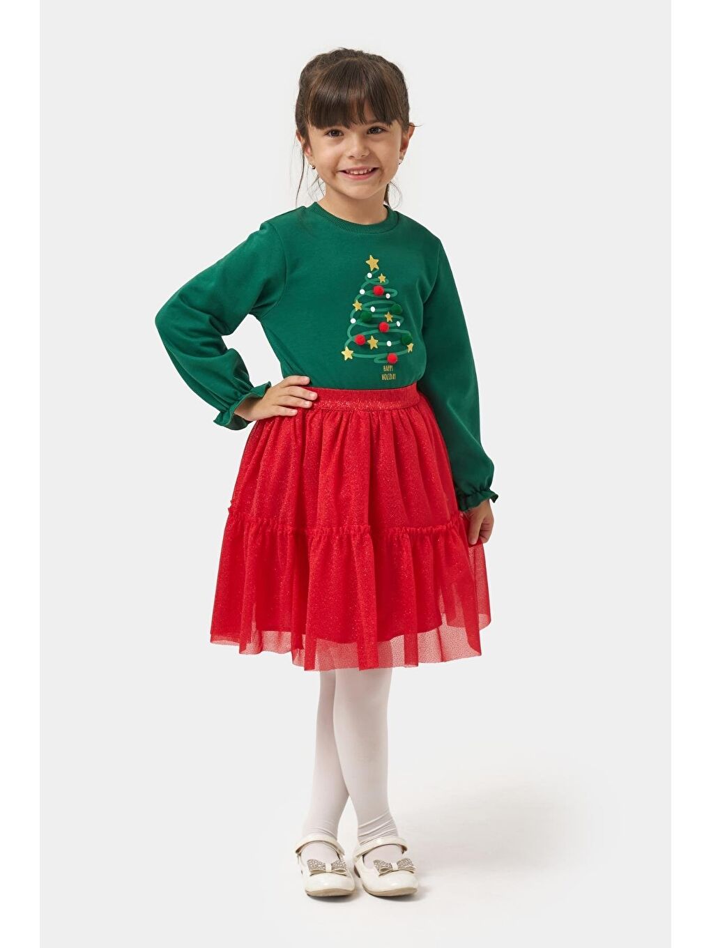 Kız Çocuk Pamuklu Yeşil Yılbaşı Ağaç Baskılı Uzun Kollu Kırmızı Tüllü Takım - Happy Holidays Temalı-1