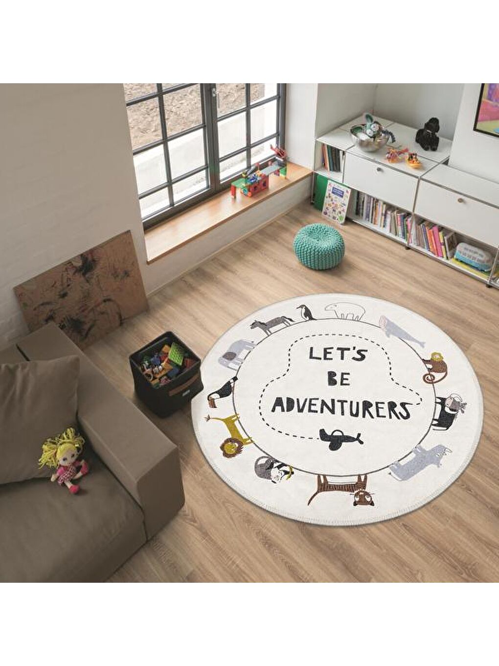 Ekru Hayvan Figürlü Çocuk Halısı - 110x110 cm