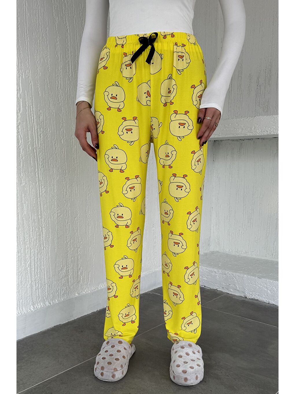 Sarı Civciv Baskılı Bel Lastikli Pijama Altı-1