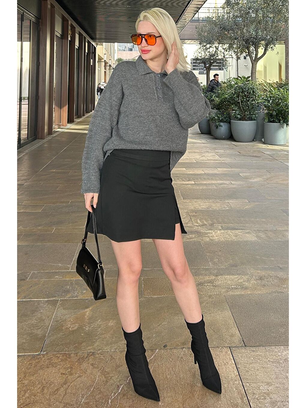 Antrasit Düğmeli Polo Yaka Kadın Kazak Mg2307-1