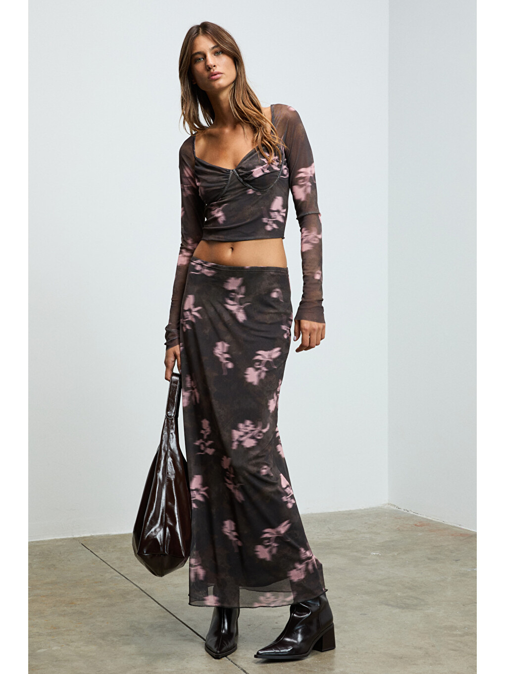 Beulah Kadın Maxi Boy Slim Fit Beli Lastikli Tül Batik Desenli Kahverengi Baskılı Etek-2