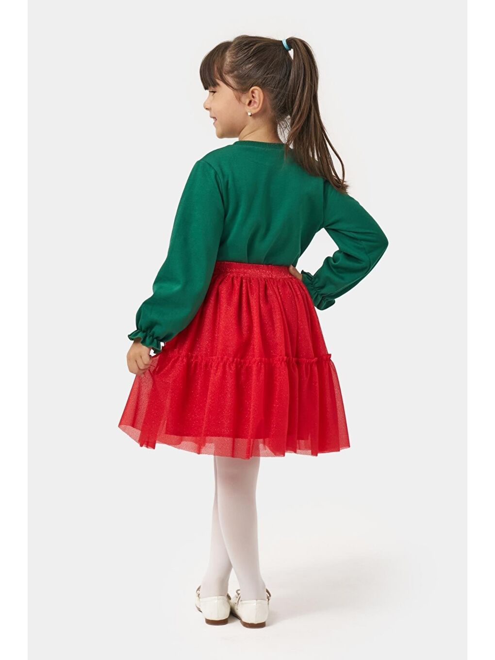 Kız Çocuk Pamuklu Yeşil Yılbaşı Ağaç Baskılı Uzun Kollu Kırmızı Tüllü Takım - Happy Holidays Temalı-2