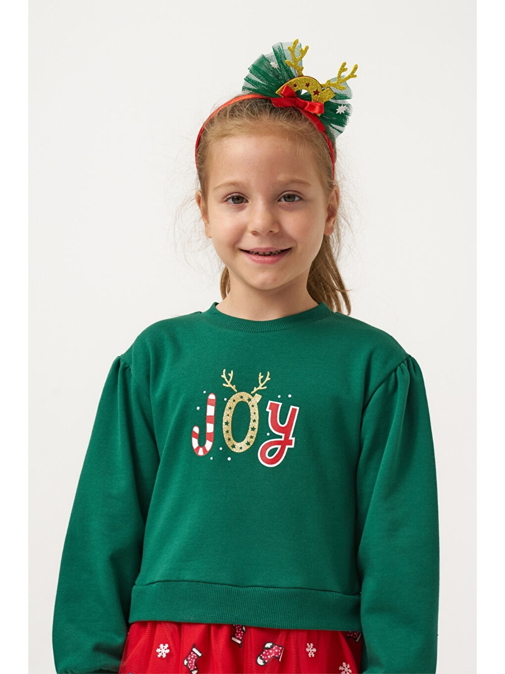 Yeşil  Joy Baskılı Tül Etekli Kız Çocuk Elbise - Fragile-3