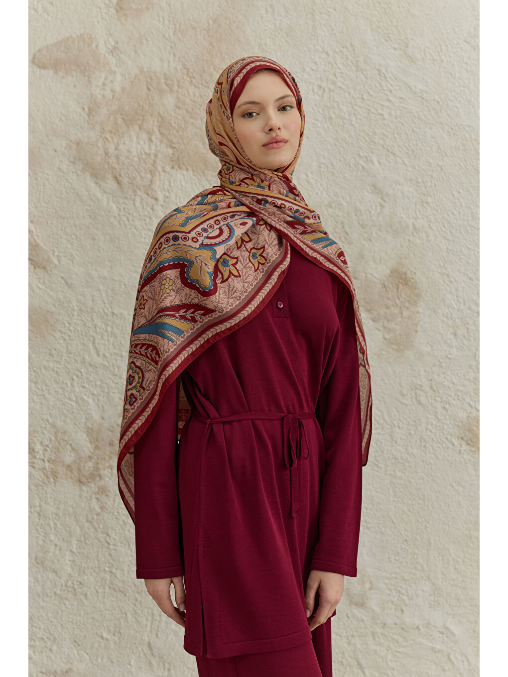 Cupra Prive Desenli Şal Blossom Bordo-3