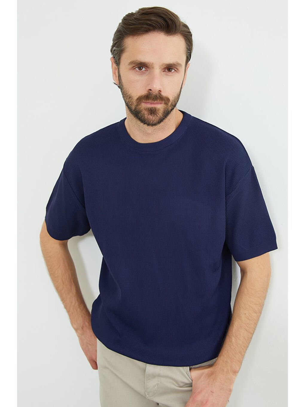 Lacivert Selanik Örgüsü Desenli Triko Tişört