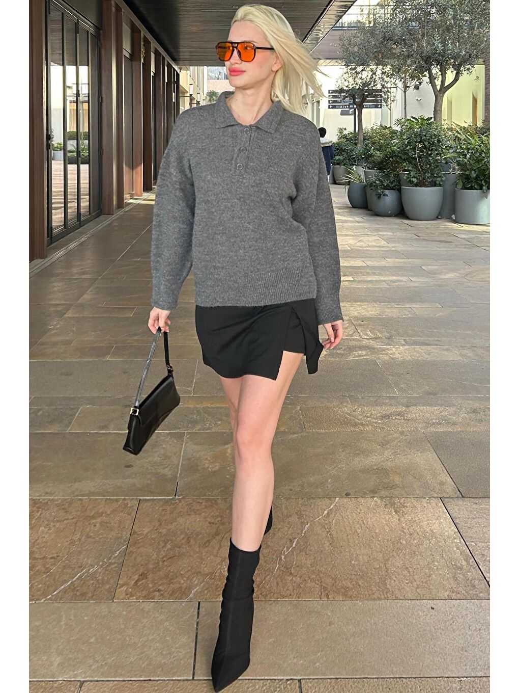 Antrasit Düğmeli Polo Yaka Kadın Kazak Mg2307-5