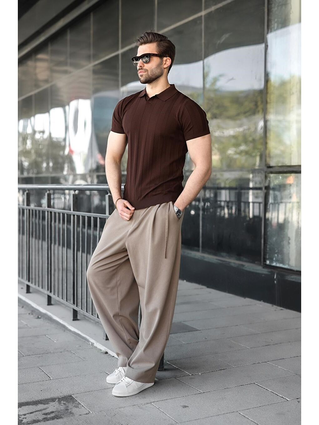 Kahverengi Slim Fit Polo Yaka Triko Erkek Tişört E7491-1