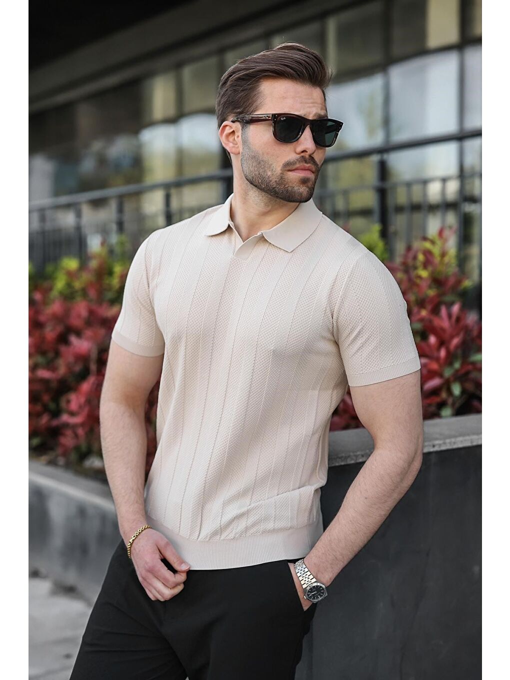 Bej Taş Rengi Slim Fit Polo Yaka Triko Erkek Tişört E7491