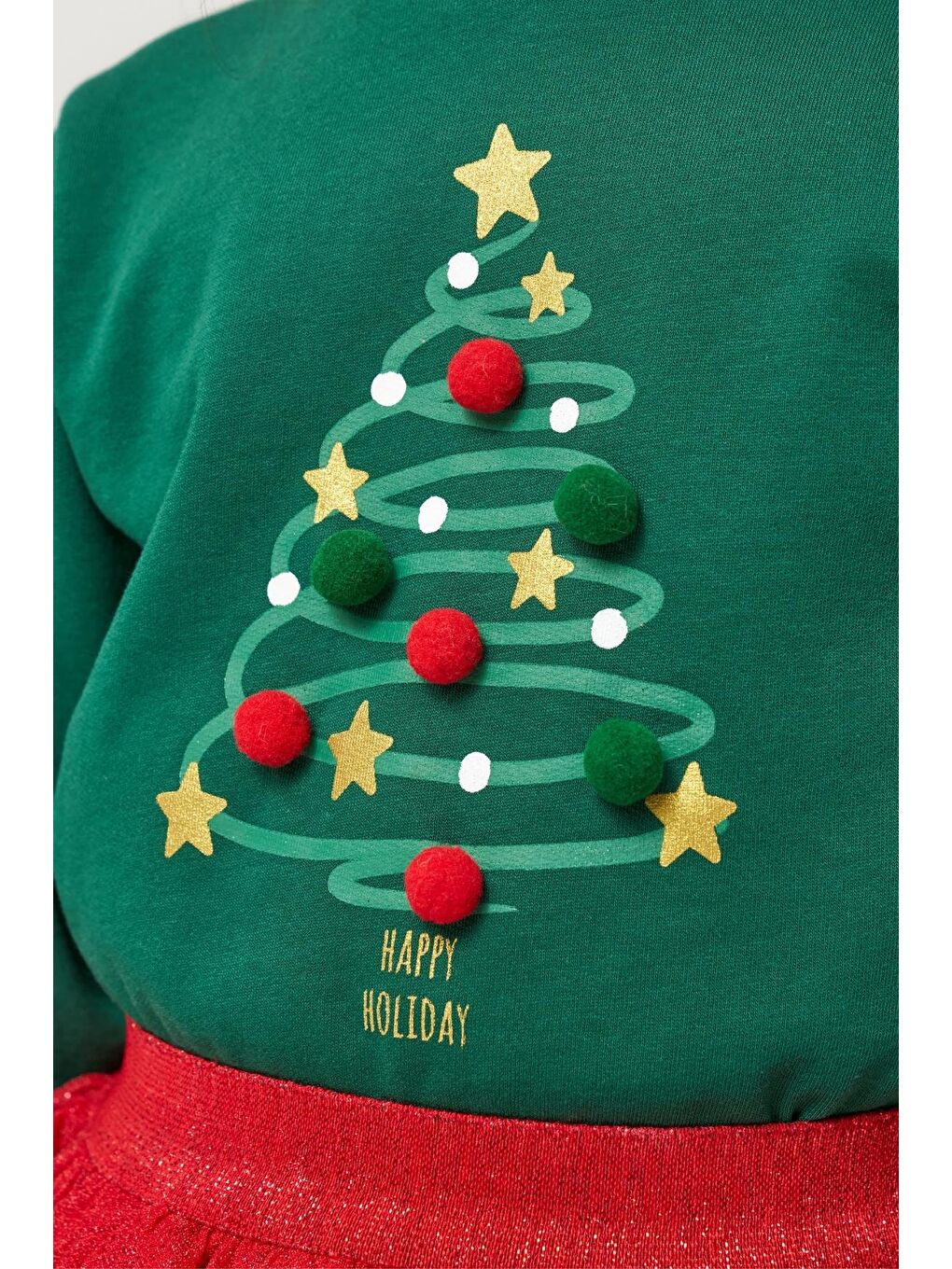 Kız Çocuk Pamuklu Yeşil Yılbaşı Ağaç Baskılı Uzun Kollu Kırmızı Tüllü Takım - Happy Holidays Temalı-4