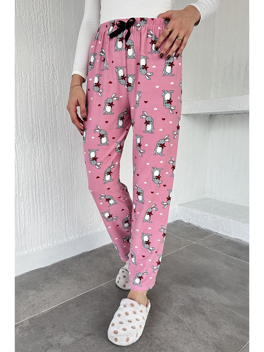 Pembe Tavşan Baskılı Bel Lastikli Pijama Altı-1