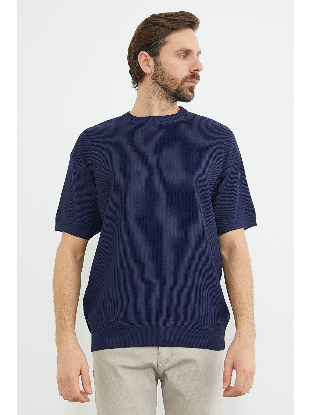 Lacivert Selanik Örgüsü Desenli Triko Tişört-1