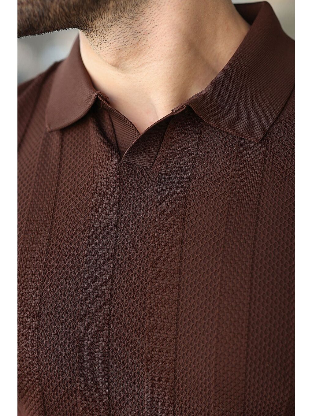 Kahverengi Slim Fit Polo Yaka Triko Erkek Tişört E7491-2