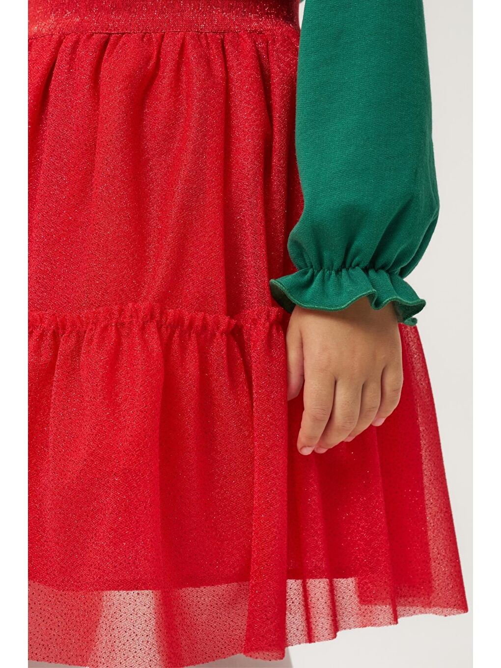 Kız Çocuk Pamuklu Yeşil Yılbaşı Ağaç Baskılı Uzun Kollu Kırmızı Tüllü Takım - Happy Holidays Temalı-5