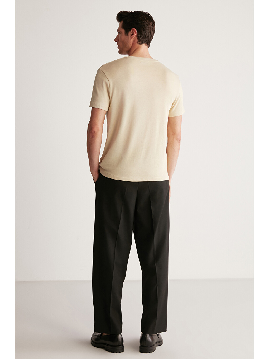 Jeremy Erkek Slim Fit Triko Görünümlü Kumaşlı Triko Yakalı Kalın Dokulu Bej T-shirt-5