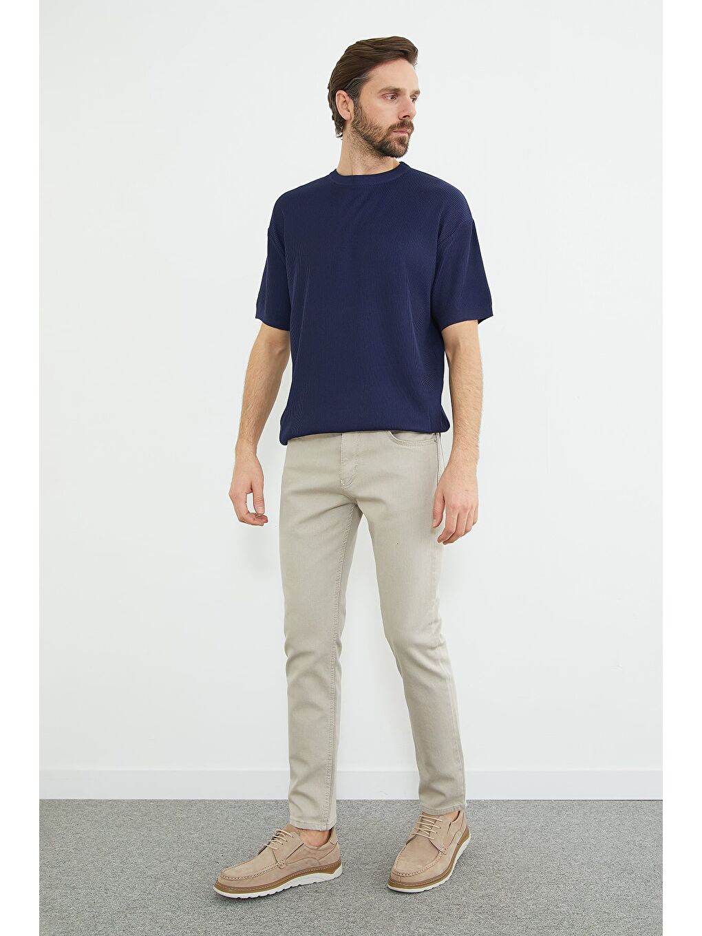 Lacivert Selanik Örgüsü Desenli Triko Tişört-2