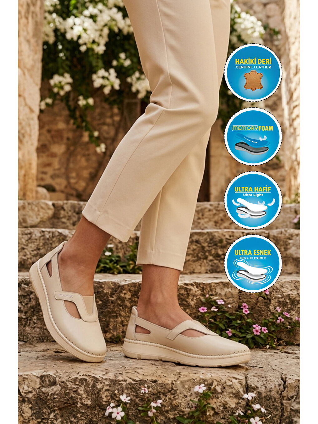 Ekru Hakiki Deri Anatomik Kadın Casual Ayakkabı Z541 Z-2