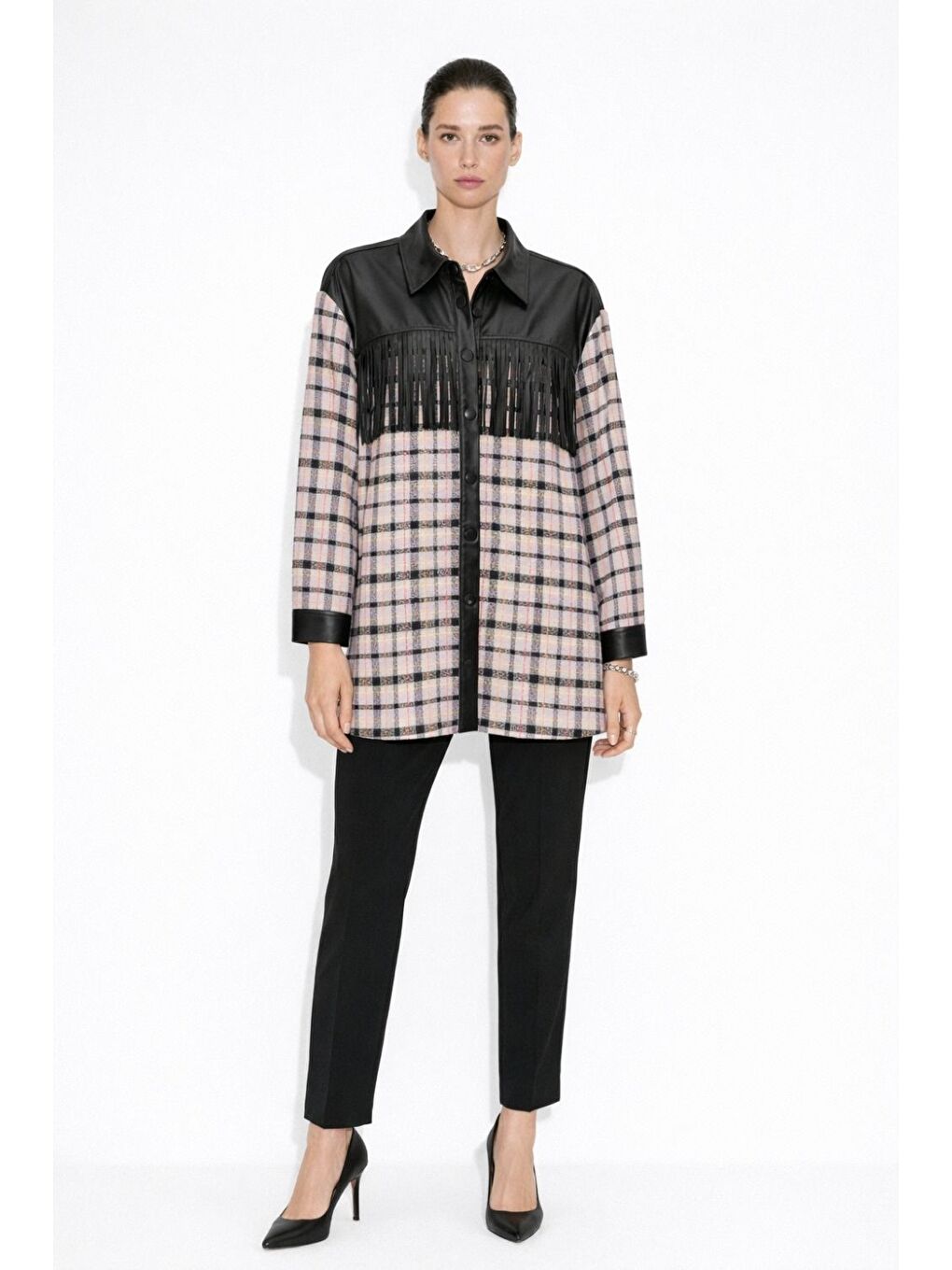 Püskül Detalı Lila Ekoseli Gömlek Tunik-1