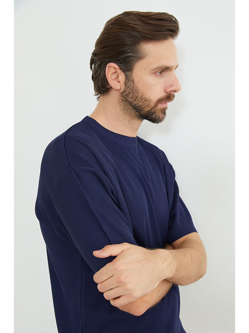 Lacivert Selanik Örgüsü Desenli Triko Tişört-3