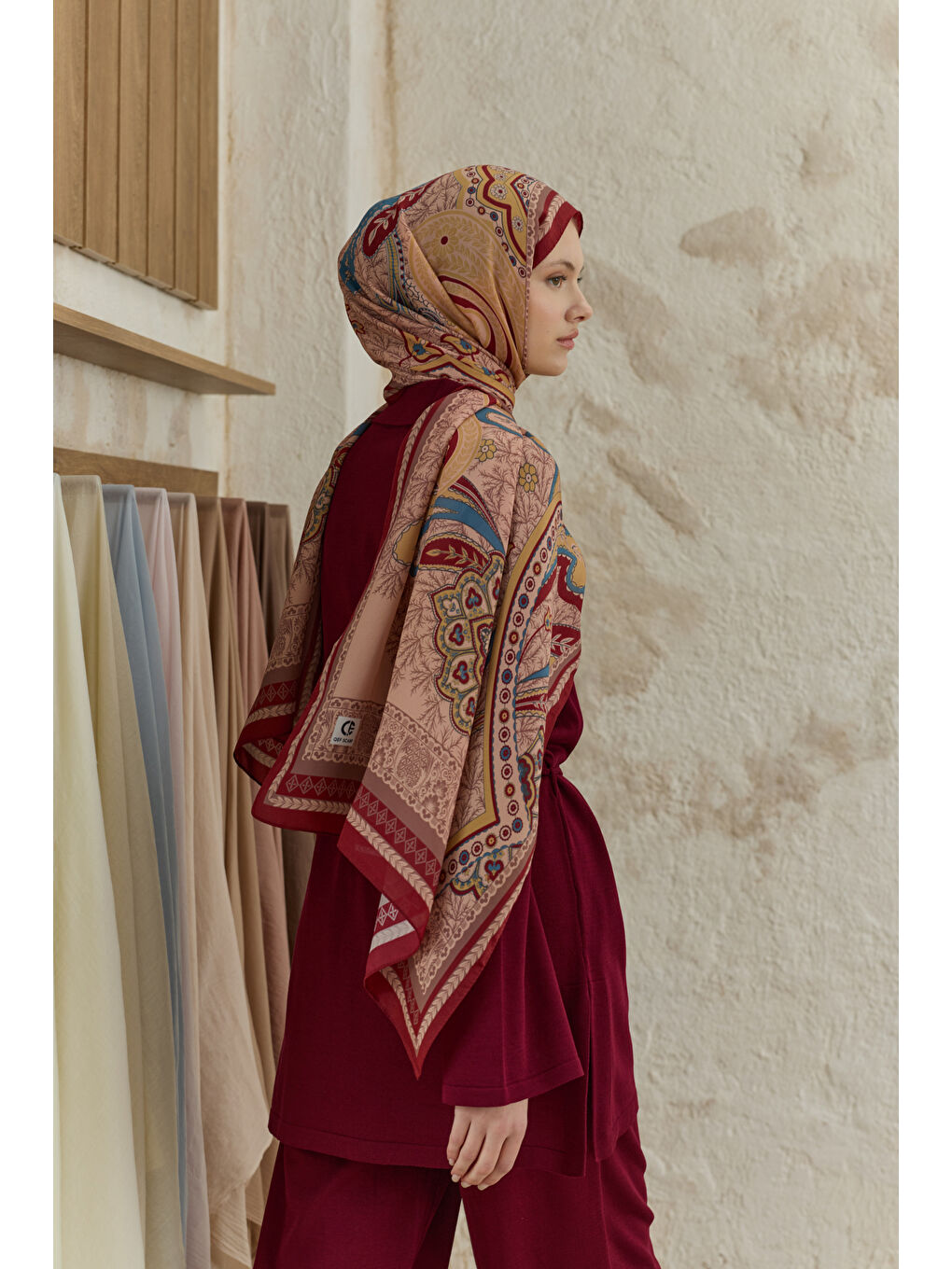 Cupra Prive Desenli Şal Blossom Bordo-5