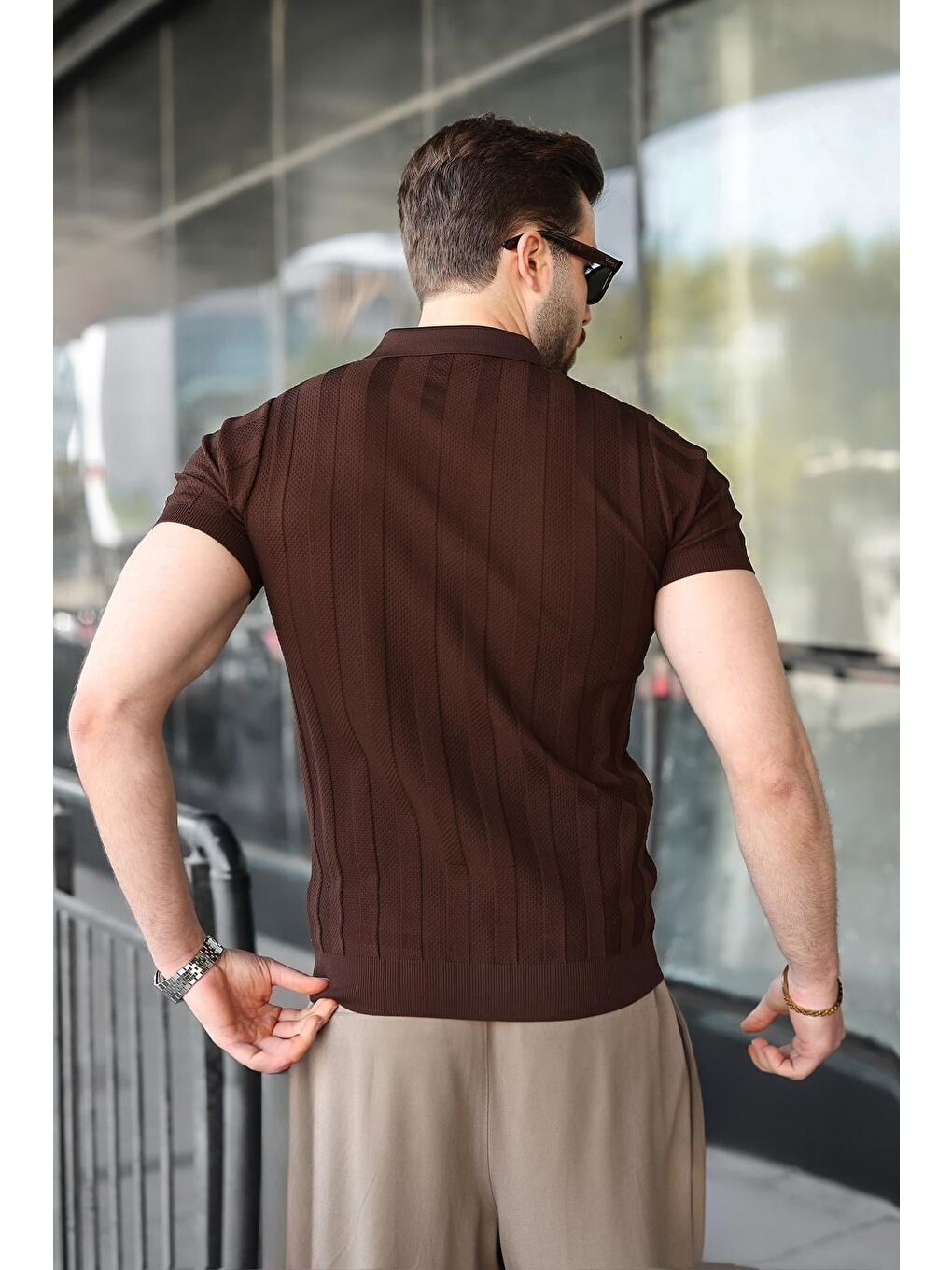 Kahverengi Slim Fit Polo Yaka Triko Erkek Tişört E7491-3