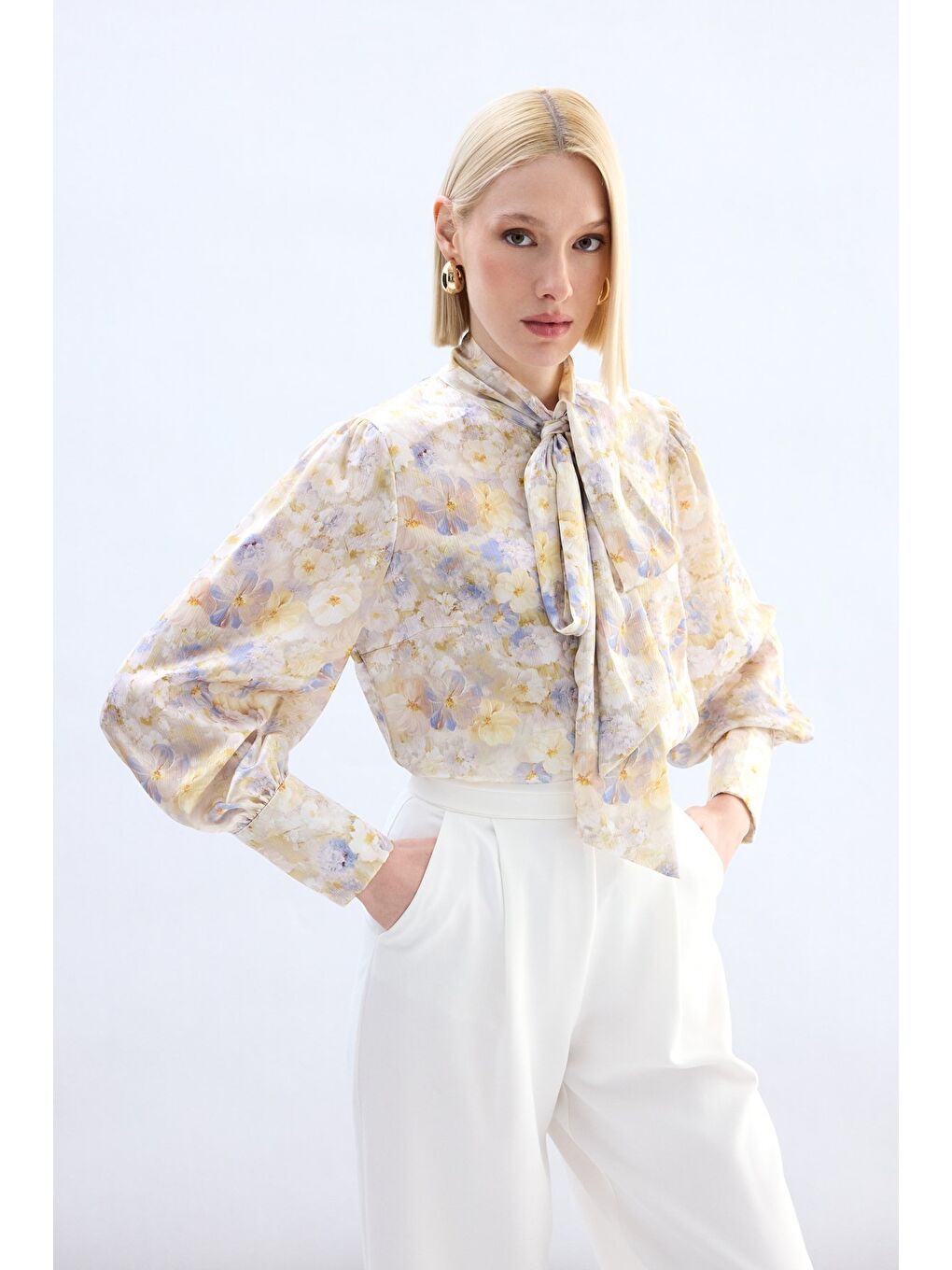 Çiçek Desenli Fularlı Gömlek - Sarı-5