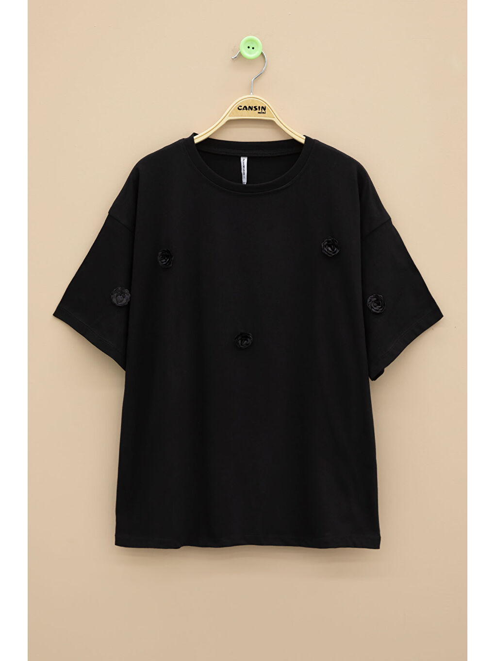 Siyah Gül Nakış Detaylı Kısa Kol Kız Çocuk Oversize Tişört 20805