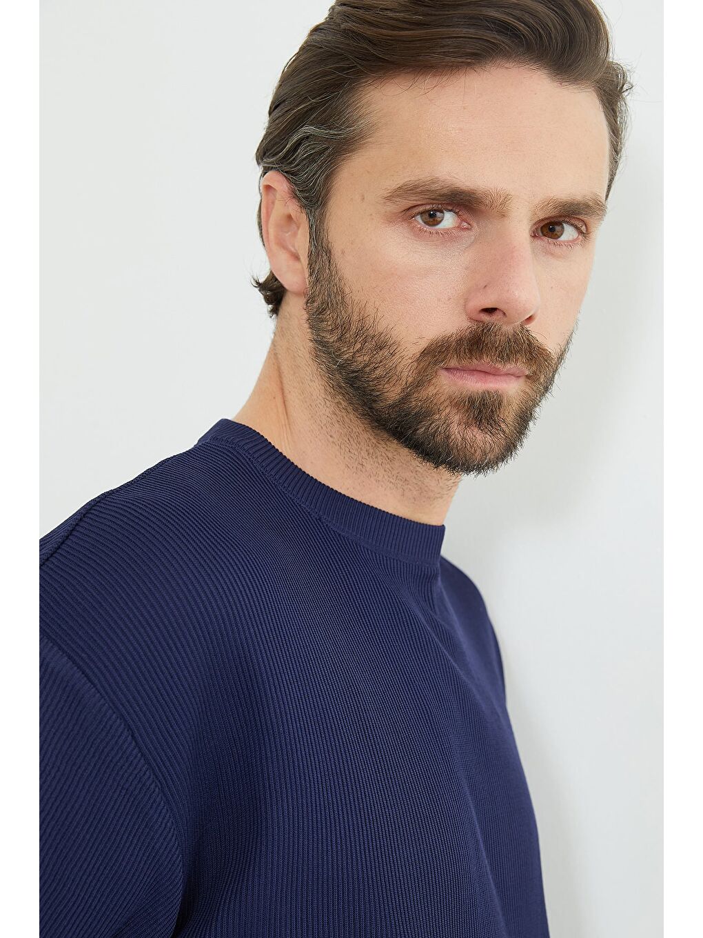 Lacivert Selanik Örgüsü Desenli Triko Tişört-4