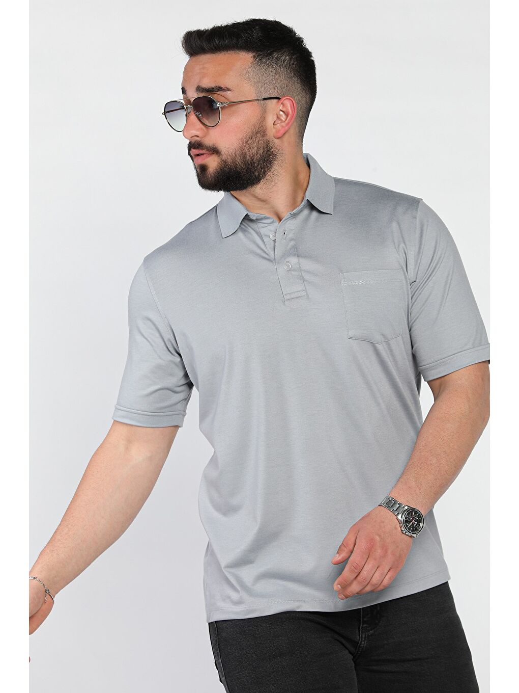 Gri Polo Yaka Yarım Düğmeli Cepli Erkek Tişört-1