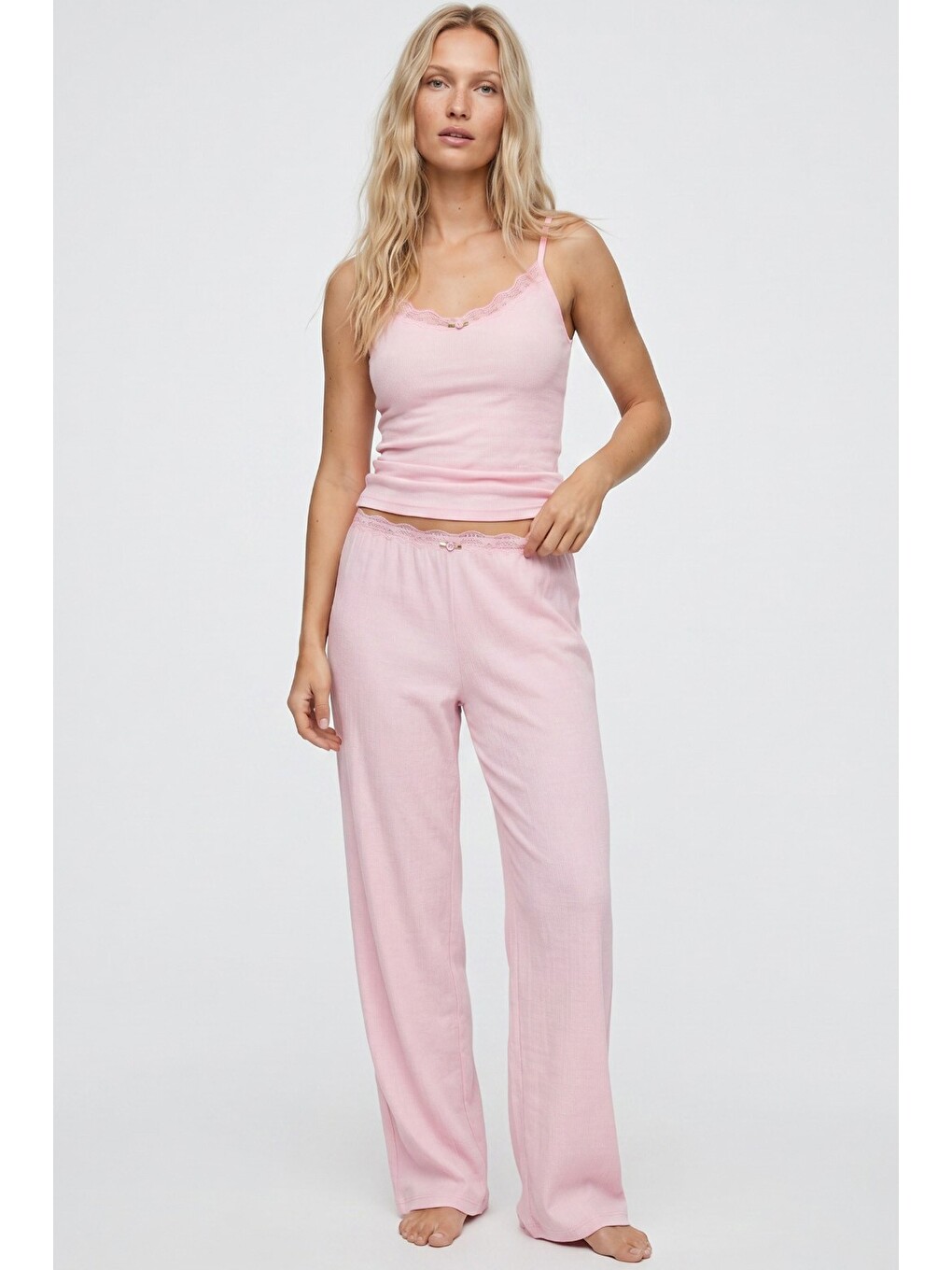 Pembe Bürümcük-krınkıl İp Askılı Pijama Takım 8059-1