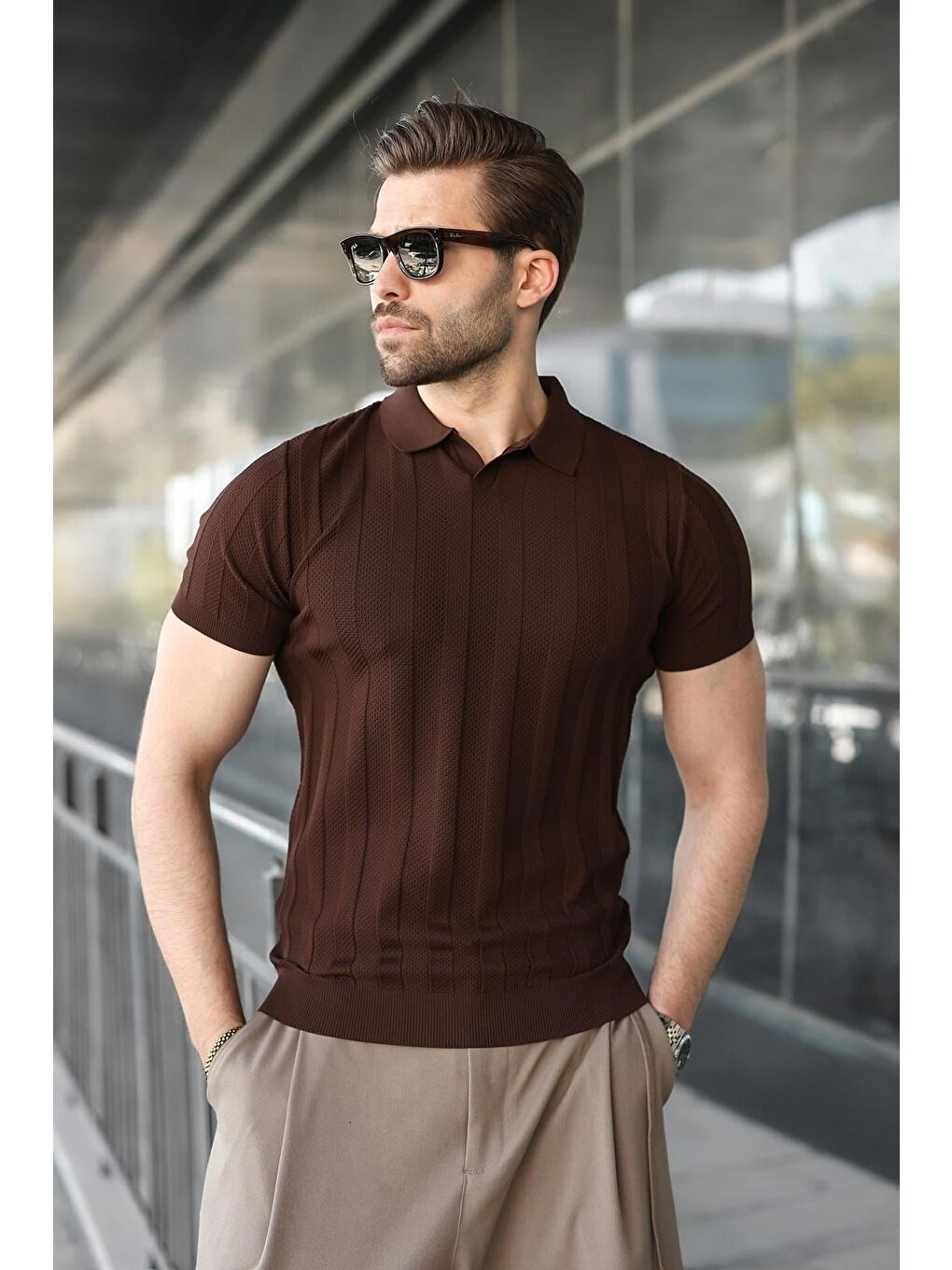 Kahverengi Slim Fit Polo Yaka Triko Erkek Tişört E7491-4