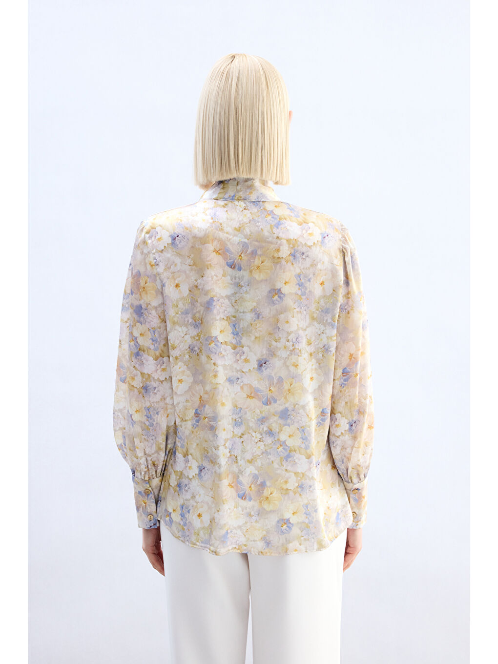 Çiçek Desenli Fularlı Gömlek - Sarı-6