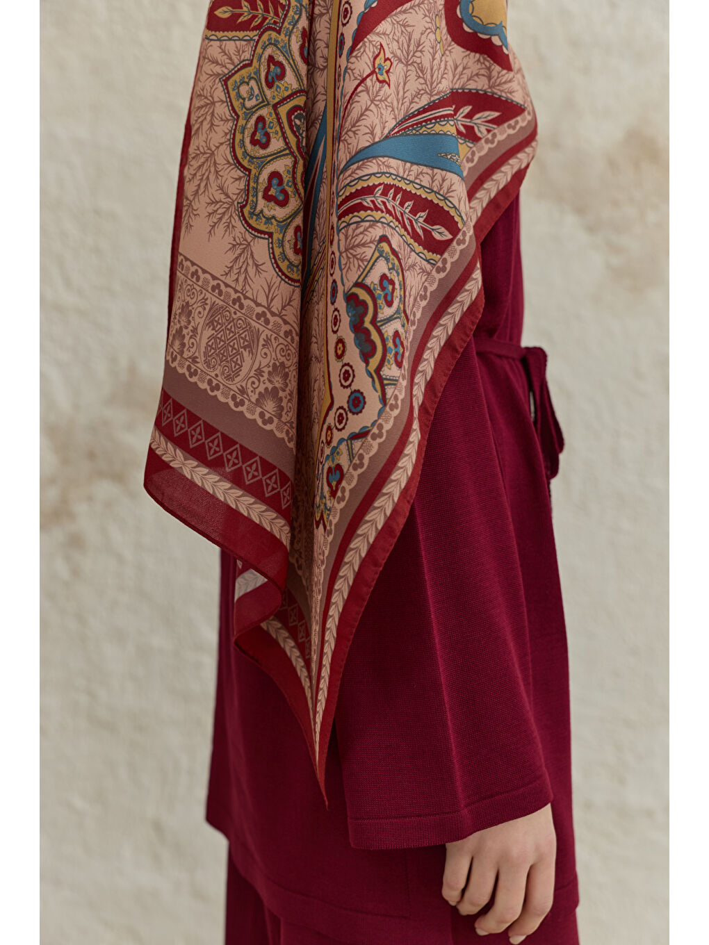 Cupra Prive Desenli Şal Blossom Bordo-6
