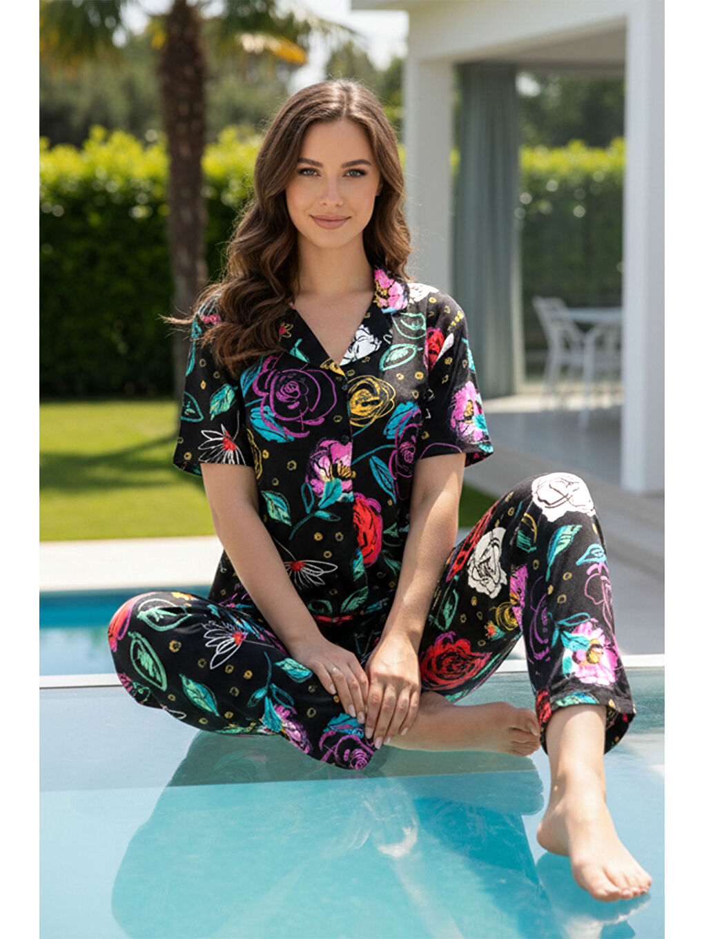 Kadın Kısa Kol Elastanlı Viskon Pijama Takımı 0177 Siyah04