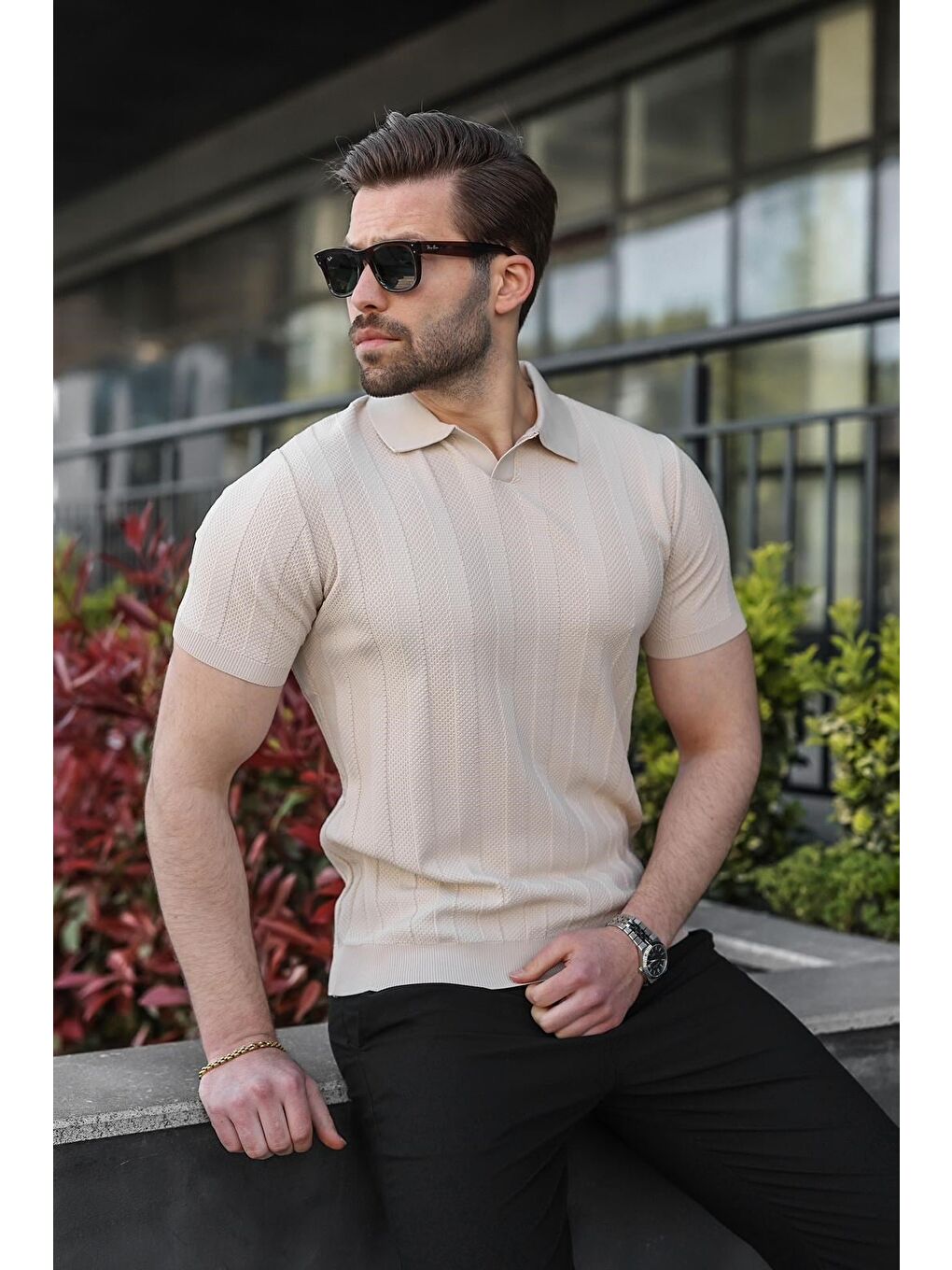 Bej Taş Rengi Slim Fit Polo Yaka Triko Erkek Tişört E7491-2