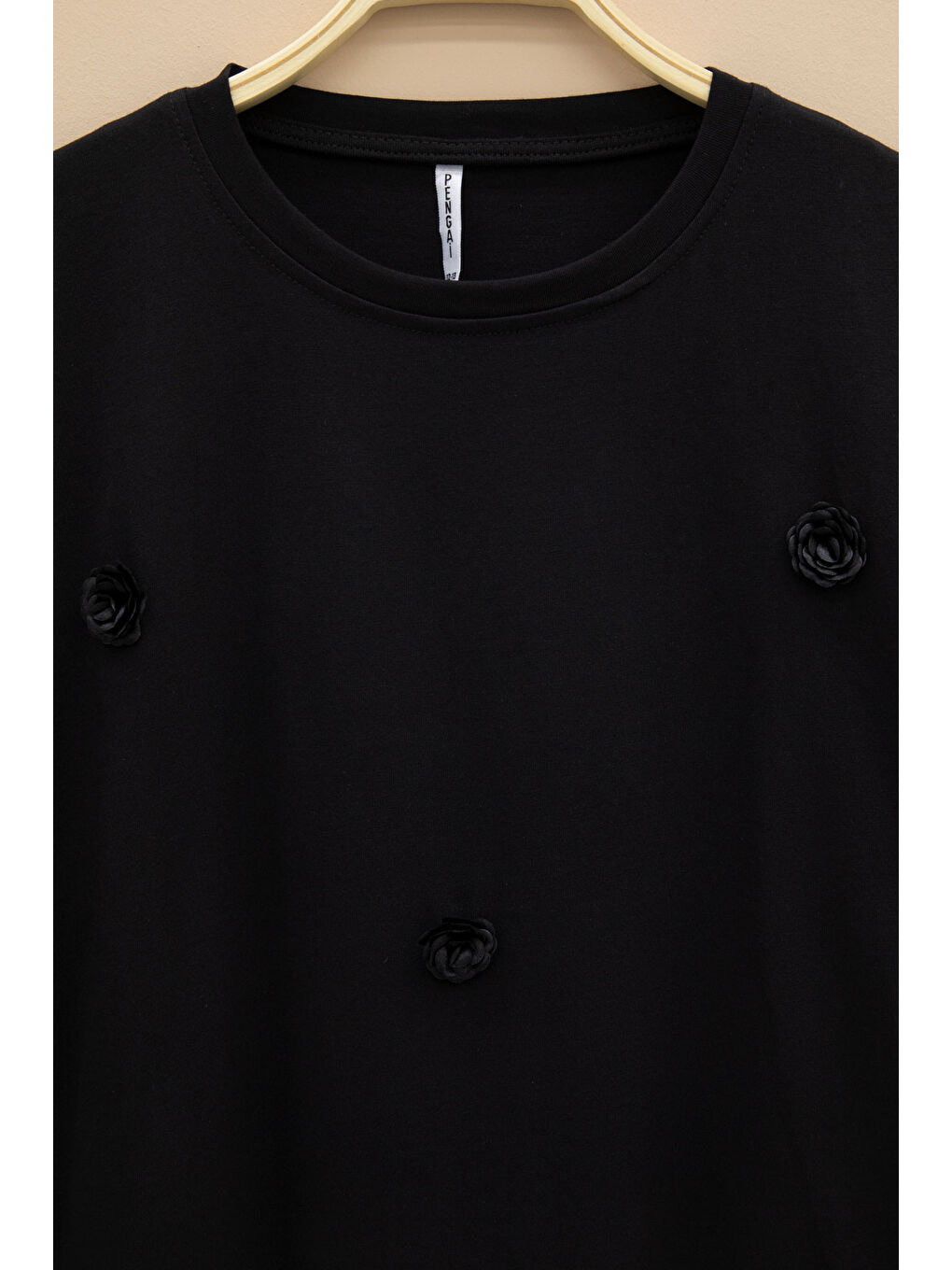 Siyah Gül Nakış Detaylı Kısa Kol Kız Çocuk Oversize Tişört 20805-1