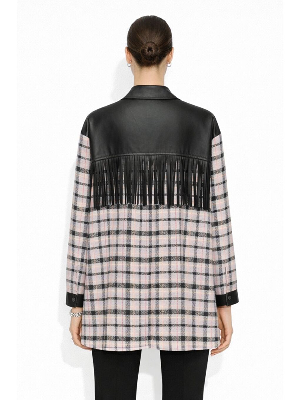 Püskül Detalı Lila Ekoseli Gömlek Tunik-3