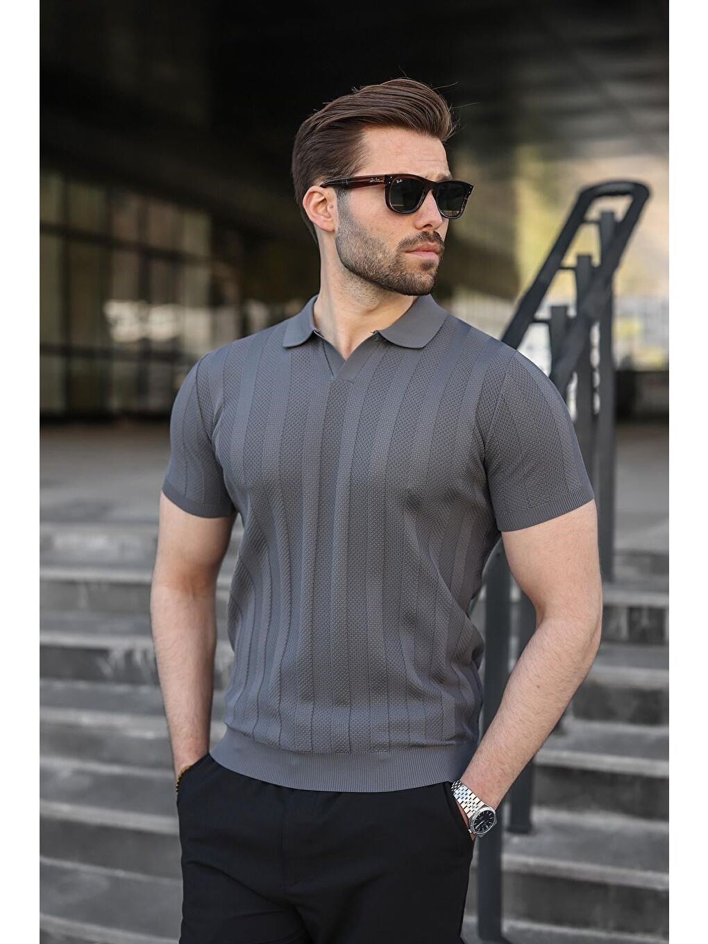Antrasit Slim Fit Polo Yaka Triko Erkek Tişört E7491-1