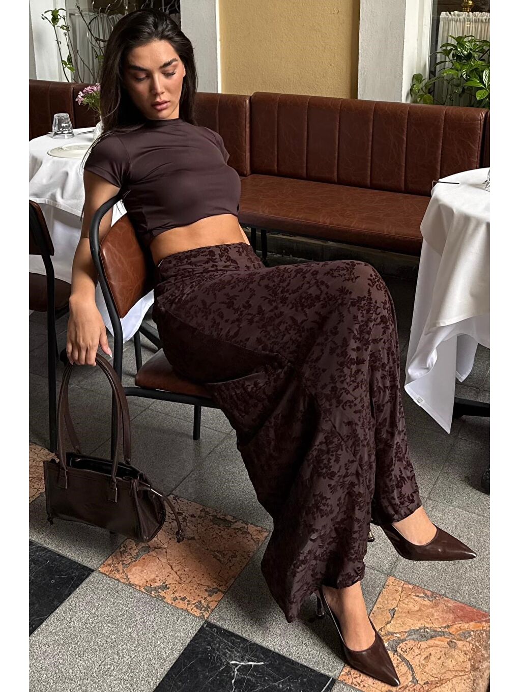 Kahverengi Flok Baskılı Tül Etek Mg2711-2