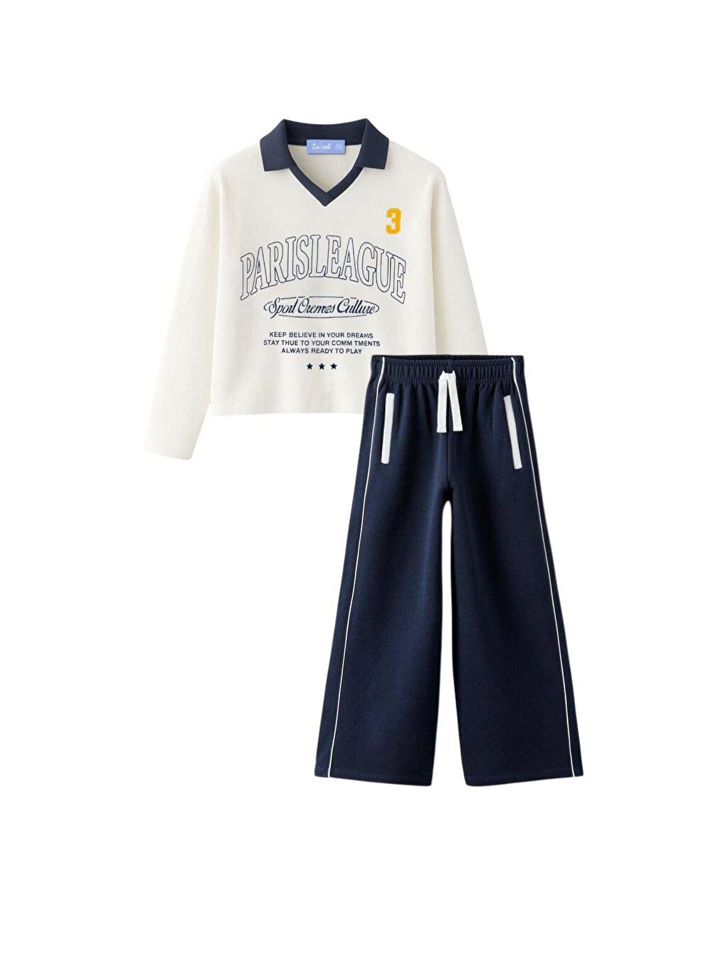 Karışık Kız Çocuk Pamuklu Lacivert-Beyaz Paris League Yazılı Eşofman Takımı - Kontrast Şeritli Geniş Paça-2