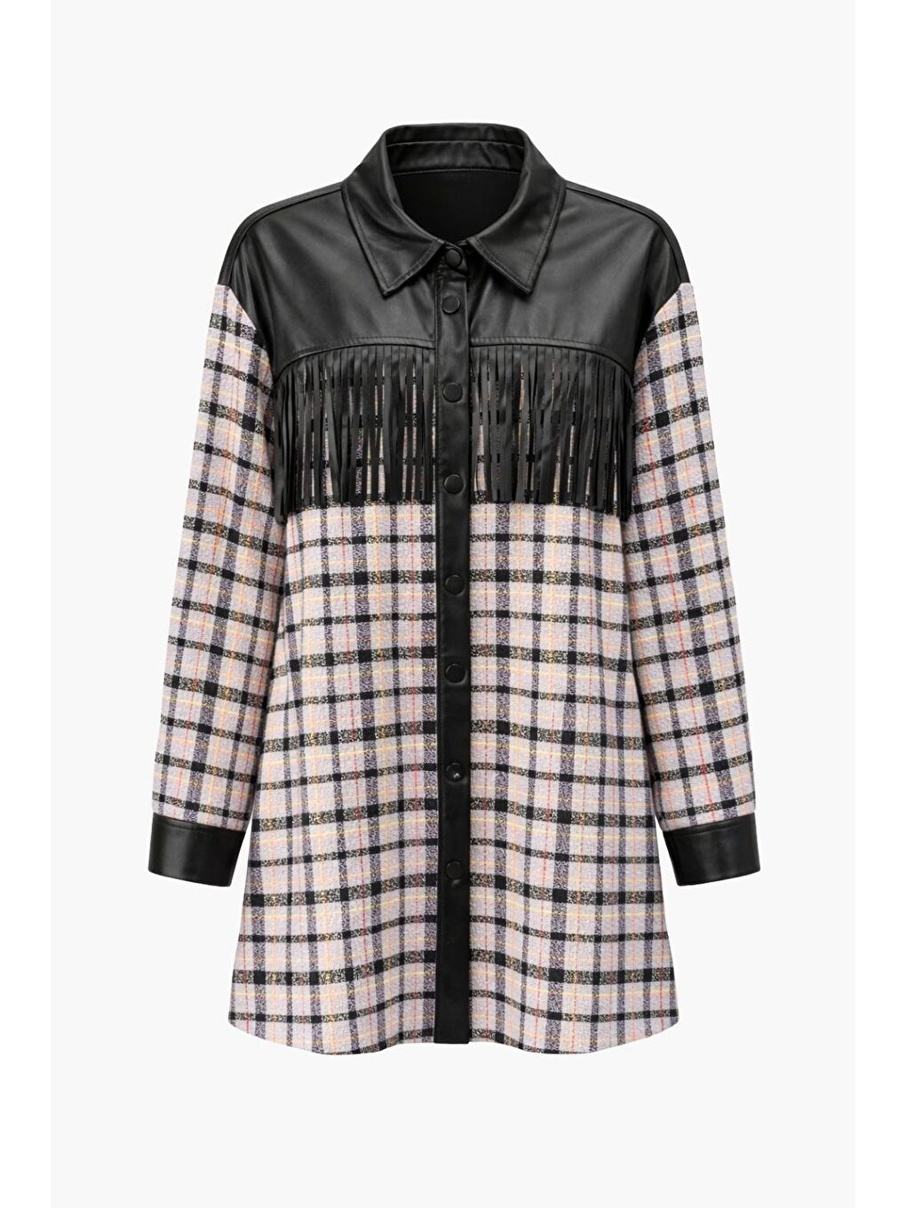 Püskül Detalı Lila Ekoseli Gömlek Tunik-4