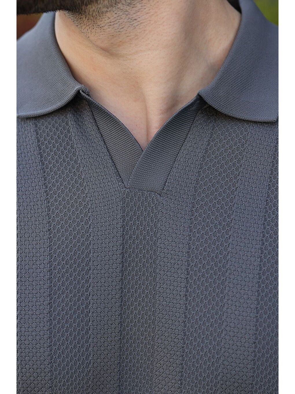 Antrasit Slim Fit Polo Yaka Triko Erkek Tişört E7491-2