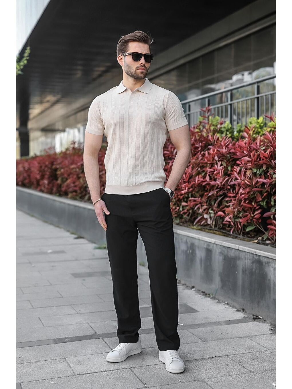 Bej Taş Rengi Slim Fit Polo Yaka Triko Erkek Tişört E7491-4