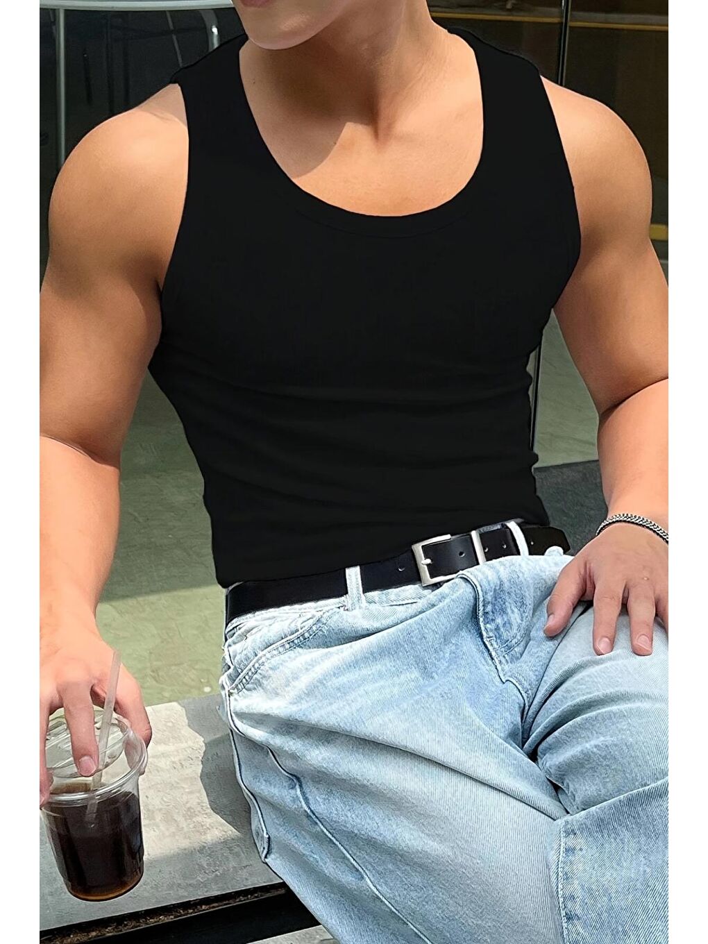 Siyah Wove Paket Slim Fit Esnek Elastanlı Fitilli Nefes Alabilen Kolsuz Sporcu Atlet