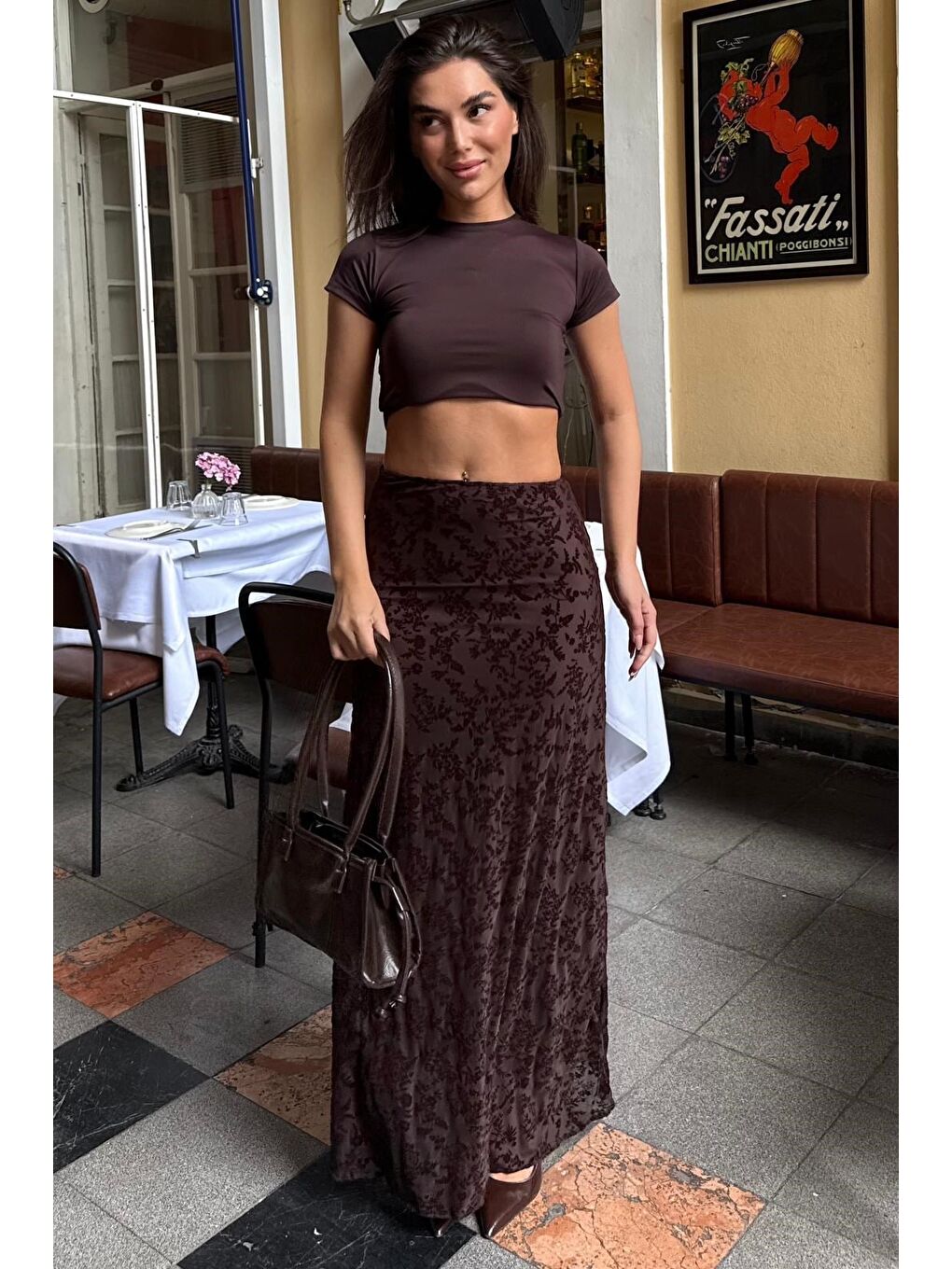 Kahverengi Flok Baskılı Tül Etek Mg2711-3